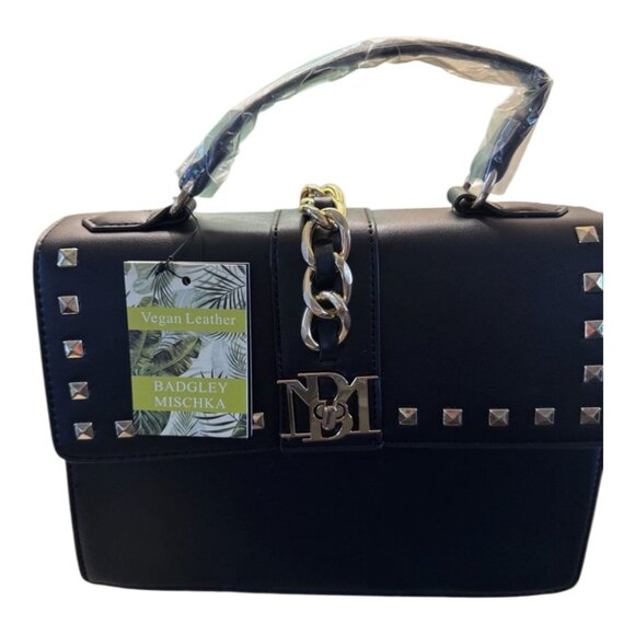 Badgley Mischka NWT monogram Bag black gold hardware studs Vegan leather - Picture 3 of 15